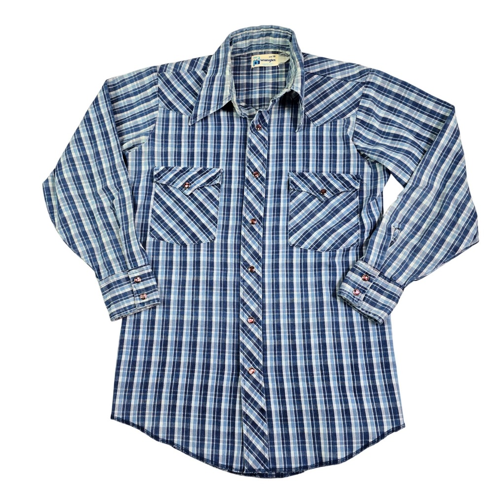 Vintage Wrangler Western Pearl Snap Shirt Boys 18 XL Blue White Plaid Work‎ USA